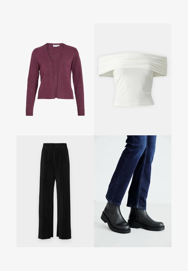 Cardigã burgundy com frente aberta, mangas longas, punhos e barra canelados. Feito de um tecido de malha suave com uma textura leve.; Top branco off-the-shoulder com decote plissado e estruturado e corpete ajustado. Feito de um tecido suave com uma textura lisa.; Calças pregueadas pretas com uma cintura elástica. Apresentam pernas largas e um tecido liso, texturizado com riscas verticais.; Botas de tornozelo de couro preto com sola grossa e painéis elásticos laterais, combinadas com jeans azul escuro. O chão é de cor clara.