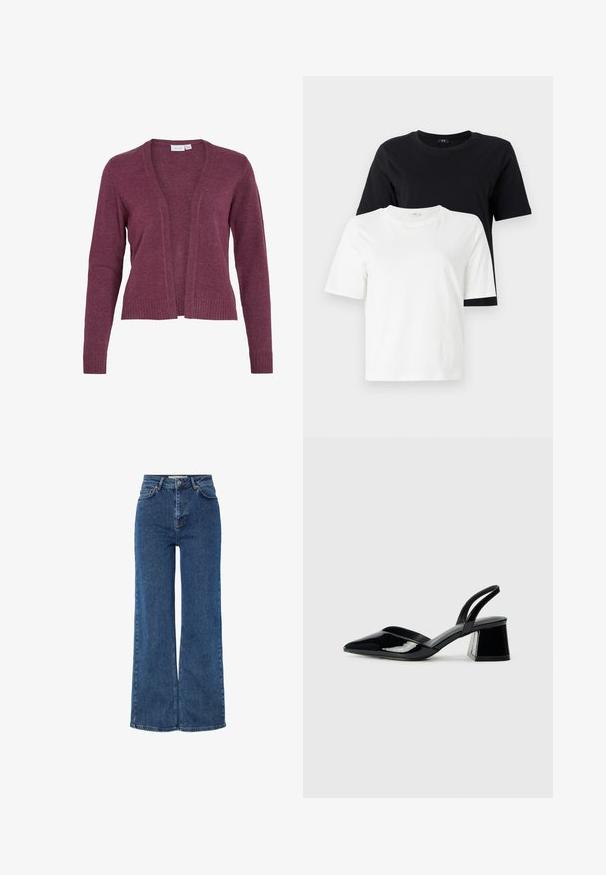 Burgundský cardigan s otevřeným předním dílem, dlouhými rukávy, žebrovanými manžetami a lemem. Vyrobený z měkkého pleteného materiálu s lehkou texturou.; Černé a bílé bavlněné trička. Kulatý výstřih, krátké rukávy, volný střih. Černé tričko je vystaveno nad bílým tričkem.; Dámské modré džíny s vysokým pasem a širokými nohavicemi, obsahující tradiční pět kapesní design, kovové zapínání a kontrastní švy.; Černé lakované kožené lodičky na pásku s špičatou špičkou a geometrickým blokovým podpatkem. Vyznačují se elegantním, minimalistickým designem a hladkým povrchem.