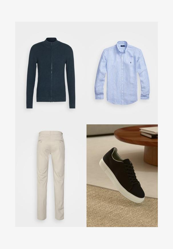 Marineblauer Strickpullover mit hohem Kragen und vollem Reißverschluss vorne. Der Stoff hat ein strukturiertes Muster und taillierte Ärmel.; Blau-weißer gestreifter Langarmshirt aus Baumwolle mit einem Button-Down-Kragen, Frontknöpfen und einem kleinen gestickten Logo auf der Brust.; Beige Hosen mit glatter Textur, geradem Schnitt, zwei Gesäßtaschen mit Knöpfen und einem normalen Bund.; Schwarze Sneakers mit weißer Sohle, die über einem beige strukturierten Teppich schweben, in der Nähe eines runden Holztisches mit gestapelten Büchern.