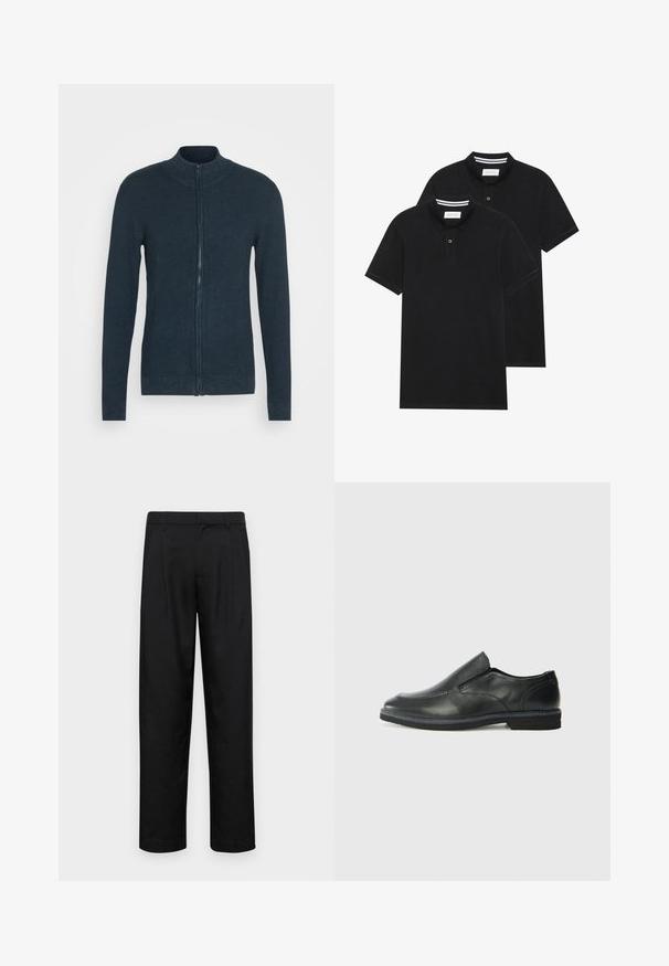 Marineblauer Strickpullover mit hohem Kragen und vollem Reißverschluss vorne. Der Stoff hat ein strukturiertes Muster und taillierte Ärmel.; Zwei schwarze Polohemden, kurzärmlig, aus Baumwolle, mit einem klassischen Kragen, zwei Knöpfen und weißen Streifenakzenten im Inneren des Kragens.; Schwarze Hose aus glattem Stoff, mit geradem Bein Design, zwei vorderen Falten und einem Standardbund mit Gürtelschlaufen.; Schwarze Leder-Slipper mit glattem Obermaterial, gesteppten Akzenten, runder Zehenpartie und niedrigem Gummiabsatz. Die Sohle hat ein minimales Profil.
