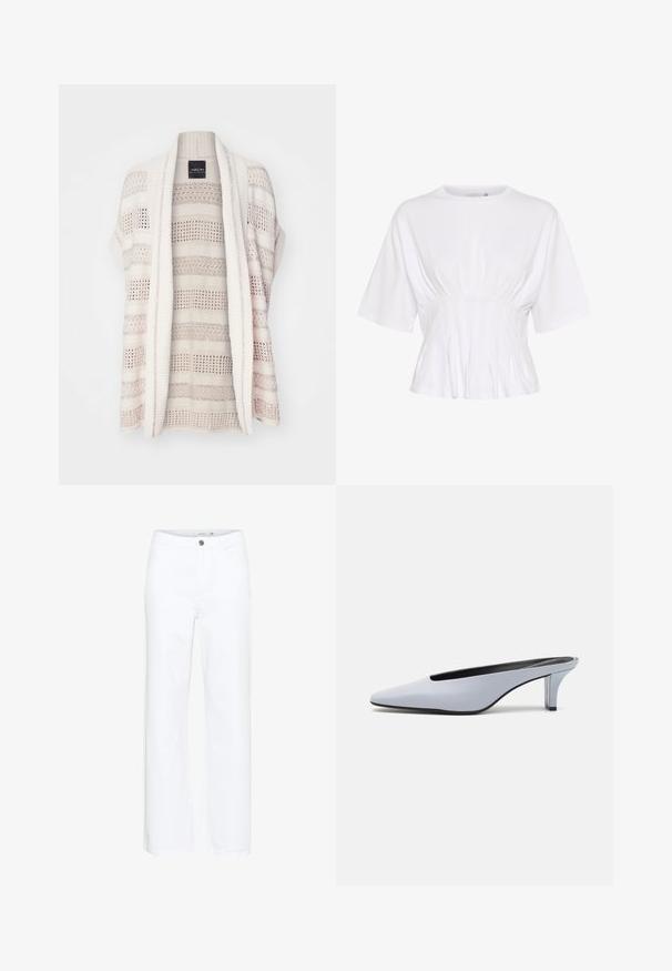 Strickjacke in sanftem Beige mit offenem Vorderteil, kurzen Ärmeln, gestreifter Textur und subtilen Glitzerdetails im gesamten Stoff.; Weißes kurzärmliges Oberteil aus weichem Stoff, mit rundem Halsausschnitt und Raffung in der Taille für eine figurbetonte Passform.; Weiße weit geschnittene Jeans aus Denim. Mit Knopfverschluss und traditionellem Fünf-Taschen-Design. Glatte Textur mit sauberem Finish.; Helles blaues Lackleder-Mule mit spitzem Zehenbereich, niedrigem transparentem Absatz und einem eleganten Design, das einen Ausschnitt im Vorderblatt aufweist.