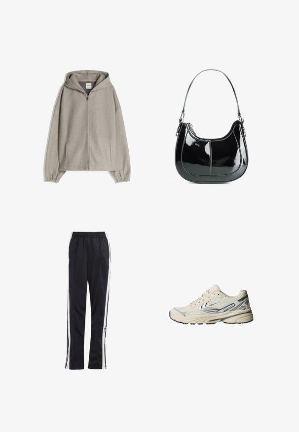 Hanorac gri cu fermoar, cu glugă, mâneci lungi și buzunare laterale. Fabricat dintr-un material moale, texturat, cu manșete ribbate. Design simplu, minimalist.; Tricou alb cu dungi, cu decolteu rotund și bretele late. Textură moale a țesăturii și tivuri cusute. Design simplu, ajustat.; Pantaloni de trening negri cu dungi laterale albe, talie elastică și patch cu logo. Confecționați dintr-un material neted, ușor. Design cu picior drept.; Pantof sport de culoare crem cu partea superioară din plasă, accente argintii și talpă din cauciuc texturată. Proiectat pentru confort și stabilitate.; Geantă din piele lacuită neagră, cu un design curbat, închidere cu fermoar și un singur mâner pentru umăr, având detalii din metal argintiu și accente de coasere.