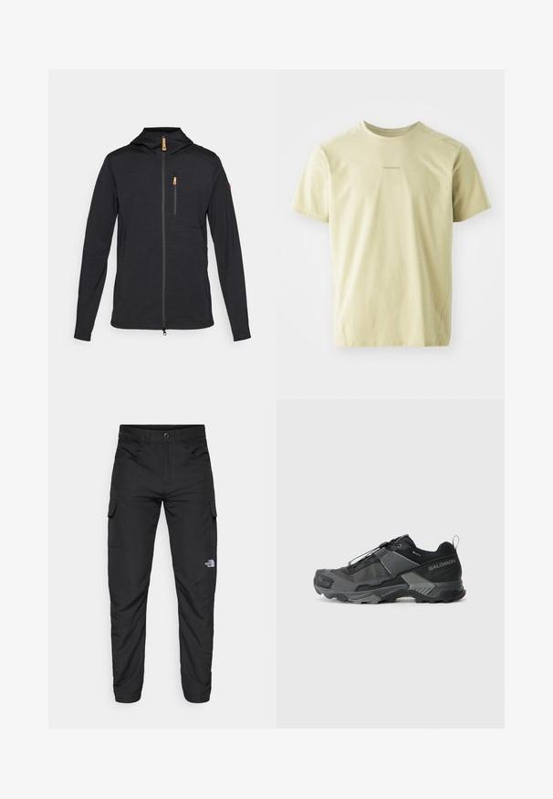Svart jakke med hette, full glidelås foran og en glidelåslomme på brystet. Har teksturert stoff og oransje glidelåsdragere.; Salomon TRACKLINE TEE - T-skjorte til trening - gray green; The North Face HORIZON PANT - Friluftsbukser - black; Svart terrengløpesko med et slitesterkt maskeoberoende, forsterket tåhette, teksturert gummisåle og elastisk lissystem for sikre tilpasning.