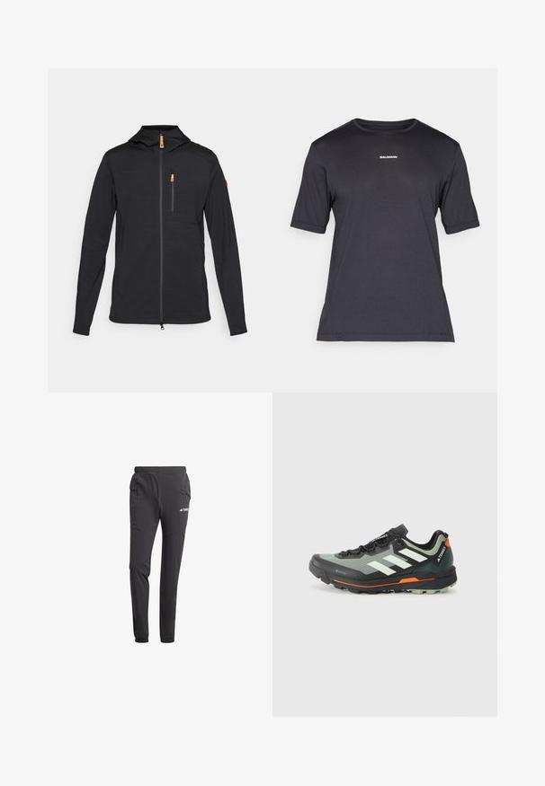 Fekete dzseki kapucnival, teljes hosszúságú cipzárral elöl, és egy cipzáras zsebbel a mellkason. Strukturált anyagból készült, narancssárga cipzárhúzókkal.; Fekete rövid ujjú teljesítmény póló lélegző anyagból, kerek nyakkivágással és apró fehér "SALOMON" logóval a mellen.; Fekete sportnadrág, könnyű anyagból, rugalmas derékkal, oldalsó zsebekkel, szűkülő lábakkal és logó részlettel.; Könnyű terepfutó cipő szürke és fekete hálós felsőrésszel, narancssárga elemekkel és barázdált talppal a tapadásért. Vízálló Gore-Tex bélés.