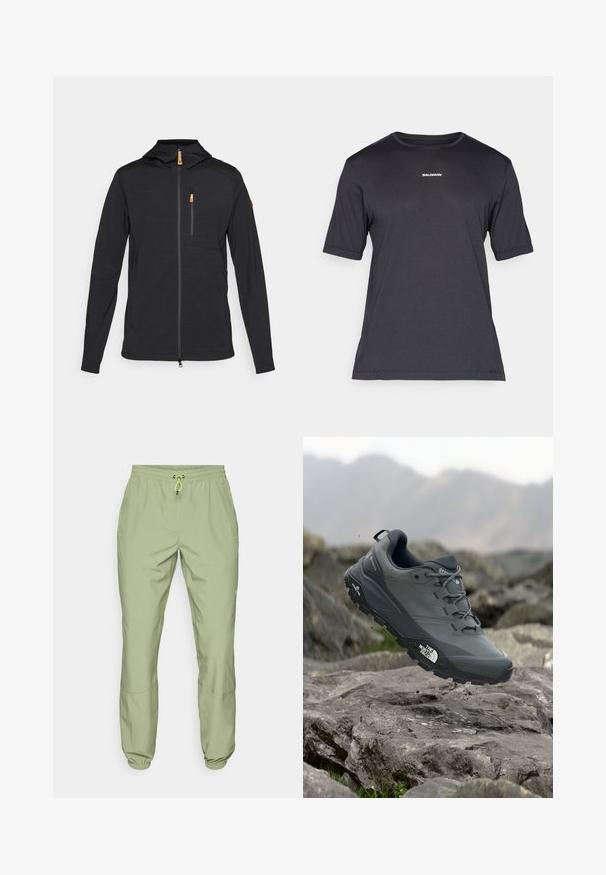 Casaco preto com capuz, fecho de correr completo na frente e um bolso peitoral com fecho de correr. Apresenta um tecido texturizado e puxadores de fecho de correr laranja.; T-shirt de desempenho preta de manga curta, feita de tecido respirável, com decote redondo e pequeno logótipo branco "SALOMON" no peito.; Calças de desporto verde-claro com cintura elástica, fecho com cordão e punhos nos tornozelos; apresenta dois bolsos laterais e uma textura suave.; Sapatilha de corrida em trilhos cinza com um cabedal texturizado, sola de borracha durável e ponteira reforçada. Apresenta atacadores e o logótipo da marca de lado.