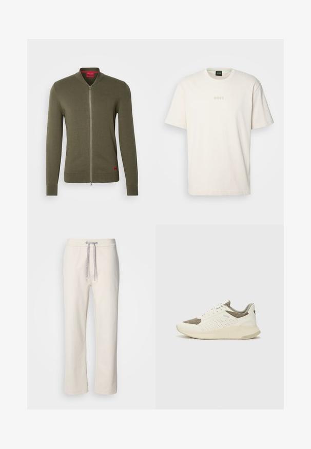 HUGO SAN JAQUE - Kardigán - khaki; BOSS TEE - Basic póló - open white; Krém színű, laza nadrág, húzózsinórral a deréknál és egyenes szárakkal, egy sima fehér háttér előtt bemutatva.; Fehér és világos bézs sportcipő, légies hálós felsőrésszel, perforált részletekkel és texturált középtalppal, amelyen a saroknál a márka logója található.
