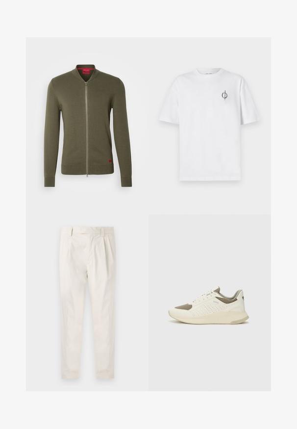 HUGO SAN JAQUE - Kardiganas - khaki; Balta medvilninė marškinė su laisvu siluetu, su mažą juodą grafiką logotipą kairėje krūtinės pusėje. Trumpomis rankovėmis, apvaliu kaklu.; Balti, susiūtos kelnes, turinčios pritaikytą siluetą, pasižyminčias lygia tekstūra, dirželio kilpomis ir siaurėjančiomis kojomis. Nėra matomų kišenių ar raštų.; Baltas ir šviesiai bežinis sportinis kedas, su tinklo viršumi, perforuotais detalėmis ir tekstūruotu tarpine su logotipu ant kulno.