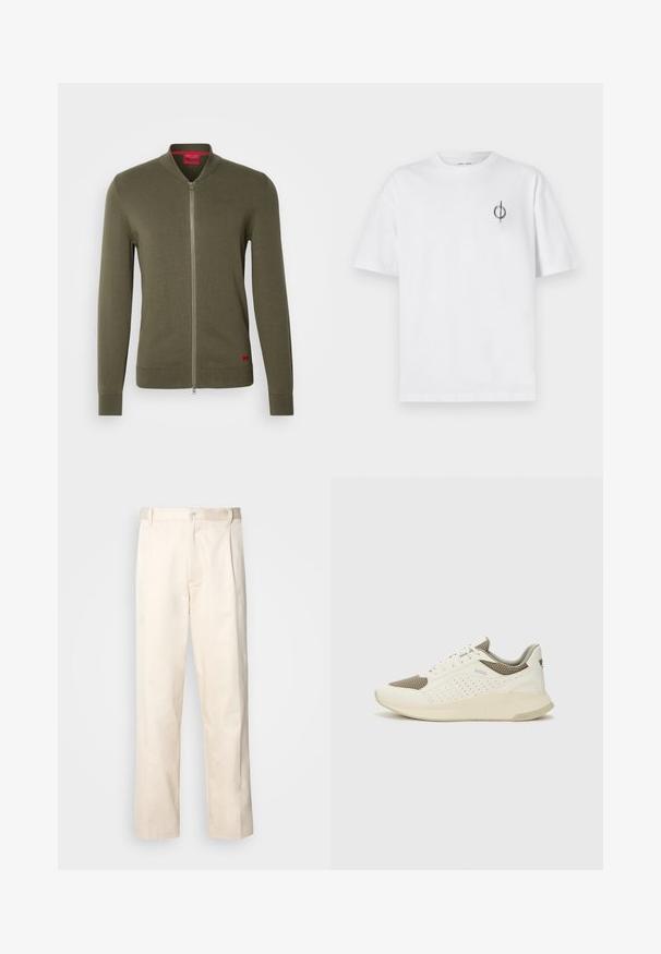 HUGO SAN JAQUE - Jopica - khaki; Bela bombažna majica s sproščenim krojem, ki ima majhen črn grafični logotip na levem prsnem delu. Kratke rokave, okrogel izrez.; Bež cottone hlače s ravnim krojem, ki imajo gumbasto zapiranje in nabore spredaj za dodatne detajle.; Beli in svetlo bež športni copat, s mrežastim zgornjim delom, perforiranimi detajli in teksturirano srednjim delom z blagovno znamko na peti.