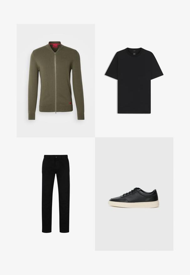 HUGO SAN JAQUE - Kofta - khaki; Svart kortärmad T-shirt i en mjuk bomullsblandning, med rundad halsringning och en minimalistisk design utan mönster eller detaljer.; Svarta bomullsbyxor med rak passform, med knappstängning, bälteshällor och minimalistisk design. Slät textur, utan mönster.; Svart låg skor i läder med svarta snören och off-white sula, visas i sidoprofil på vit bakgrund.