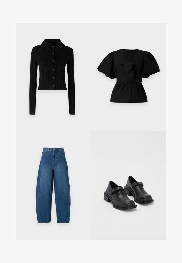 Juodas ribotas kardiganas su apykakle. Ilgos rankovės ir mygtukų užsegimas priekyje. Pagamintas iš minkštos medžiagos, tvirtas dizainas.; Juoda medvilninė bliuska su V formos iškirpte, pūstomis rankovėmis ir juosmens raiščiu. Viršutinė dalis suglebusi, sukurianti peplumo formą.; Deniminės džinsai vidutinio mėlynumo atspalviu, su aukštu liemeniu, plačiais kojų kirpimais ir standartiniu penkių kišenių dizainu, pasižyminčiu matomais siuvimo detalėmis.; Juodos odinės bateliai su apvaliu priekiu, plokščiu padu ir dirželiu su sagtimi. Didelis blokinis kulnas, užtikrinantis papildomą stabilumą.