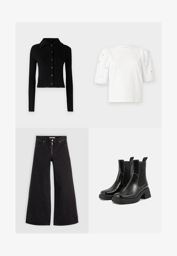 Črn rebrast cardigan z ovratnikom. Ima dolge rokave in sprednje zapiranje na gumb. Narejen je iz mehkega materiala s prileganjem.; Bela bombažna majica s kratkimi rokavi s pufastimi rokavi, ki ima majhne srebrne okrase vzdolž rokavov. Klasičen okrogel izrez, sproščen kroj.; Široke traperice iz črnega denima z zadrgo spredaj, petimi žepi in diskretnimi šivi. Gladka tekstura in ležeren slog.; Črne usnjene Chelsea škornje s širokim petami, elastičnimi stranskimi ploščami in kontrastnim belim šivanjem. Teksturirana površina.