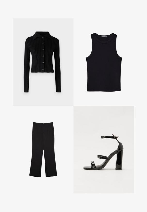 Črn rebrast cardigan z ovratnikom. Ima dolge rokave in sprednje zapiranje na gumb. Narejen je iz mehkega materiala s prileganjem.; Črna majica brez rokavov iz bombaža, z okroglim izrezom in širokimi odprtinami za roke. Gladka tekstura s šivi na robovih. Klasičen, minimalističen dizajn.; Črne hlače ravnega kroja z naglavnimi žepi in stranskimi razporki na robu. Narejene iz mehke, gladke tkanine. Primerne za različne priložnosti.; Črne lakaste sandale z visokimi petami, z dvema trakovoma z zaponkama, kvadratnim sprednjim delom in masivno širšo peto, z gladko, sijočo teksturo.