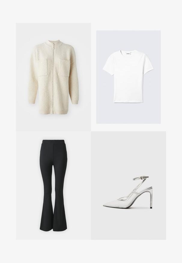 Jachetă din fleece de culoare crem, cu fermoar în față, guler ribbed și două buzunare frontale. Textură moale, cu mâneci lungi și croială lejeră.; Tricou alb cu mâneci scurte din bumbac, prevăzut cu guler rotund și tiv drept. Design minimalist, fără modele sau accente vizibile.; Pantaloni negri evazați dintr-un material elastic. Au o talie înaltă și un design neted, ajustat care se lărgește de la genunchi în jos.; Pantofii cu toc stiletto clar, cu vârful ascuțit, material transparent, accente metalice argintii și curea ajustabilă pentru glezne.