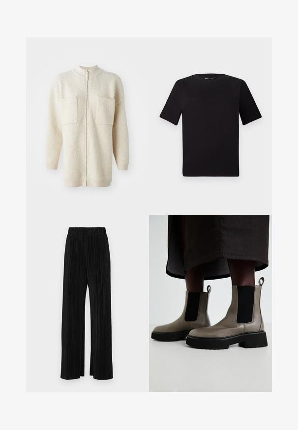 Krémová fleecová bunda se zipem vpředu, žebrovaným límcem a dvěma předními kapsami. Měkká textura s dlouhými rukávy a uvolněným střihem.; Černé tričko s krátkým rukávem a kulatým výstřihem, vyrobené z měkké bavlněné látky. Jednoduchý design, žádné viditelné logo nebo vzory.; Černé plisované kalhoty s elastickým pasem. Mají široké nohavice a hladkou, strukturovanou tkaninu s vertikálními pruhy.; Šedé kotníkové boty vyrobené z texturované kůže s elastickými bočními panely a masivní černou podrážkou. Obsahují poutka pro snadné obouvání.