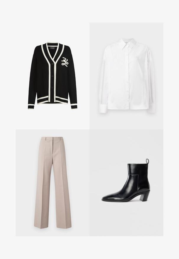 Cardigan negro de canalé con acentos de rayas blancas, con escote en V, cierre de botones y un logo bordado en el pecho.; Camisa blanca de manga larga con botones, hecha de una suave mezcla de algodón. Cuenta con un cuello clásico, cierre frontal con botones y puños redondeados.; Pantalones de pierna ancha beige, fabricados con un tejido suave, que cuentan con una cintura alta, pliegues frontales y una silueta ajustada.; Botín de piel negra hasta el tobillo con punta afilada, tacón apilado geométrico y una lengüeta en la parte posterior. Textura suave y diseño elegante.