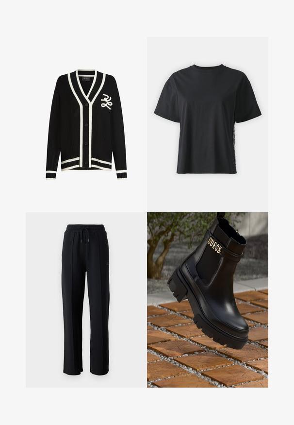 Mustri must kardigan, millel on valged triibud, V-kaelus, nööpide sulgemine ja rinnal broderitud logo.; Must have lühikeste varrukatega puuvillane must T-särk, millel on lõdvestunud lõige ja kontrastne külgpanel, mis sisaldab väikest teksti ja kujunduselemente.; Mustad mustad püksid lõdva lõikega, elastse vöökoha, reguleeritava nööriga ja vertikaalsete õmblustega jalgadel. Pehme kangastekstsuur.; Must musta saapad mustast nahast, millel on paks kummist tald, elastsed külgpaneelid ja kuldne aksent "GUESS" brändingu logoga.