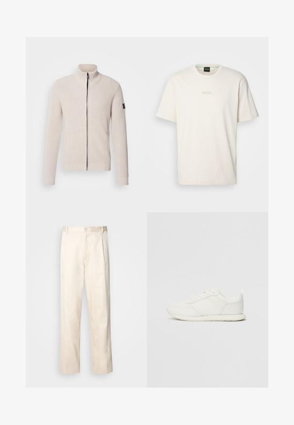 Ecoalf MAN - Cardigan - washed stone melange; BOSS TEE - T-shirt basic - open white; Pantaloni in cotone beige con taglio dritto, dotati di chiusura a bottone e pence sul davanti per un tocco di dettaglio in più.; Sneaker bianco con tomaia in rete e materiale sintetico, punta tonda, lacciuoli piatti e una striscia laterale testurizzata. Suola in gomma con linguetta sul retro.