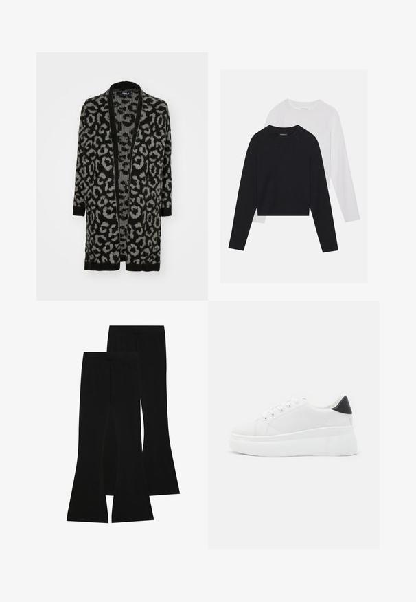 Svart og grå leopardmønstret cardigan med åpen front, lange ermer, ribbede kanter og en myk strikket tekstur.; To lange ermerte skjorter: en svart og en hvit. Begge har rund hals, raglanermer og er laget av en myk bomullsblanding.; Svarte flagrende bukser laget av elastisk stoff, med høy livlinje og en jevn tekstur, samt en tettsittende design som flarer fra kneet.; Hvite plattform sneakers laget av glatt syntetisk materiale, med rund tå, snøring og en strukturert gummisåle. Svart hæl akcent.