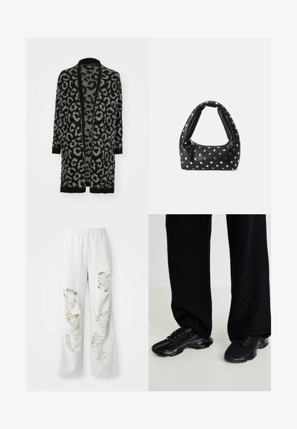 Black and gray leopard print cardigan with an open front, long sleeves, ribbed edges, and a soft knit texture.; White short-sleeve shirt with large black polka dots, v-neckline, and logo detail on the chest, made from a smooth, stretchy material.; Light gray sweatpants with a loose fit, featuring multiple distressed patches, soft texture, and an elastic waistband.; Black sneakers with a textured knit upper, sleek shape, and glossy black sole, featuring subtle reflective accents and lace-up design.; Black leather handbag with a curved handle, featuring silver polka dot embellishments and a zip closure on one side.