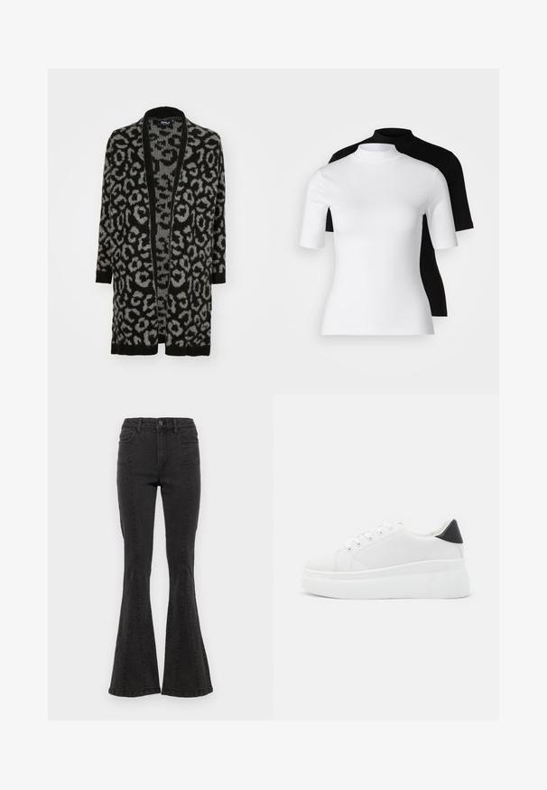 Black and gray leopard print cardigan with an open front, long sleeves, ribbed edges, and a soft knit texture.; Set of two fitted turtleneck tops in white and black. Short sleeves, smooth cotton fabric, and close-fitting design. No patterns or graphics.; Black denim flared jeans with a high waist, featuring side seams and a clean finish at the hem. Fabric has a smooth texture with slight stretch.; White platform sneakers made of smooth synthetic material, featuring a rounded toe, lace-up design, and a textured rubber sole. Black heel accent.