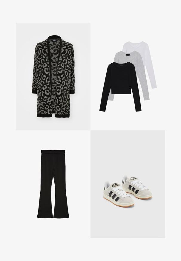 Cardigan s črno in sivo leopardo vzorcem, odprte spredaj, z dolgimi rokavi, rebrastimi robovi in mehkim pletenim materialom.; Tri dolga rokava zložena: črna, siva in bela. Vsaka ima okroglo izreznico in skrajšan dizajn z gladkim, lahkotnim materialom.; Črne flare leggings iz raztegljive tkanine. Imajo širok pas in gladko teksturo, s prilegajočo silhueto, ki se na robu razširi.; Sive športne čevlje iz semiša z belimi vezalkami, črnimi črtami in belim gumijastim podplatom. Imajo okroglo oznako na ježku in podplat iz gume.