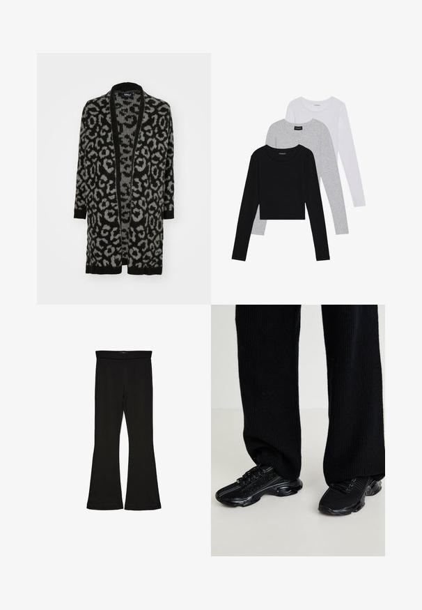 Melns un pelēks leopardu raksta kardigāns ar atvērtu priekšpusi, garām piedurknēm, ribotiem malām un mīkstu adījuma tekstūru.; Trīs garām piedurknēm veidotas augšdaļas, sakrautās: melna, pelēka un balta. Katram ir noapaļots kakla izgriezums un īsa dizaina forma ar gludu, vieglu audumu.; Melnas flared leggings, kas izgatavotas no stiepjama auduma. Iezīmējas ar platu jostasvietu un gludu tekstūru, ar pieguļošu siluetu, kas paplašinās pie apakšmalas.; Melni sporta apavi ar strukturētu dzijas augšdaļu, elegantu formu un spīdīgu melnu zoli, satur diskrētas atstarojamās akcentus un saistīšanas dizainu.