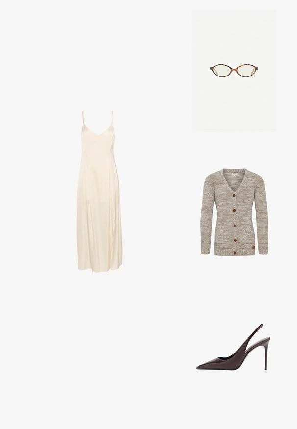 Beżowy kardigan dzianinowy z dekoltem w serek, siedmioma brązowymi guzikami oraz ściągaczami na rękawach. Posiada teksturowany wzór i małą etykietę marki z boku.; Kremowa satynowa sukienka na ramiączkach, z cienkimi ramiączkami, głębokim dekoltem w kształcie V oraz zwiewnym, sięgającym kostek krojem. Gładka faktura i minimalna ilość szwów.; Burgundowe lakierowane czółenka na wysokim obcasie typu slingback z ostro zakończonym noskiem oraz smukłym obcasem w szpilkę. Gładka faktura i minimalistyczny design.; Okulary w kolorze tortoiseshell z owalnymi soczewkami i gładkim, eleganckim wykończeniem. Posiadają cienkie boki z delikatnym łukiem w okolicy skroni. Przezroczyste soczewki.