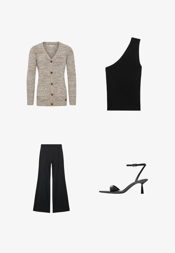 Beige knit cardigan with a V-neck, seven brown buttons, and ribbed cuffs. Features a textured pattern and a small brand label on the side.; Black, ribbed knit top with a unique asymmetrical silhouette and a single shoulder strap. Smooth texture, no visible hardware or pattern.; Black wide-leg pants with a smooth texture, featuring front pleats and a tailored design. The fabric is lightweight and flowy.; Bershka High heeled sandals - black