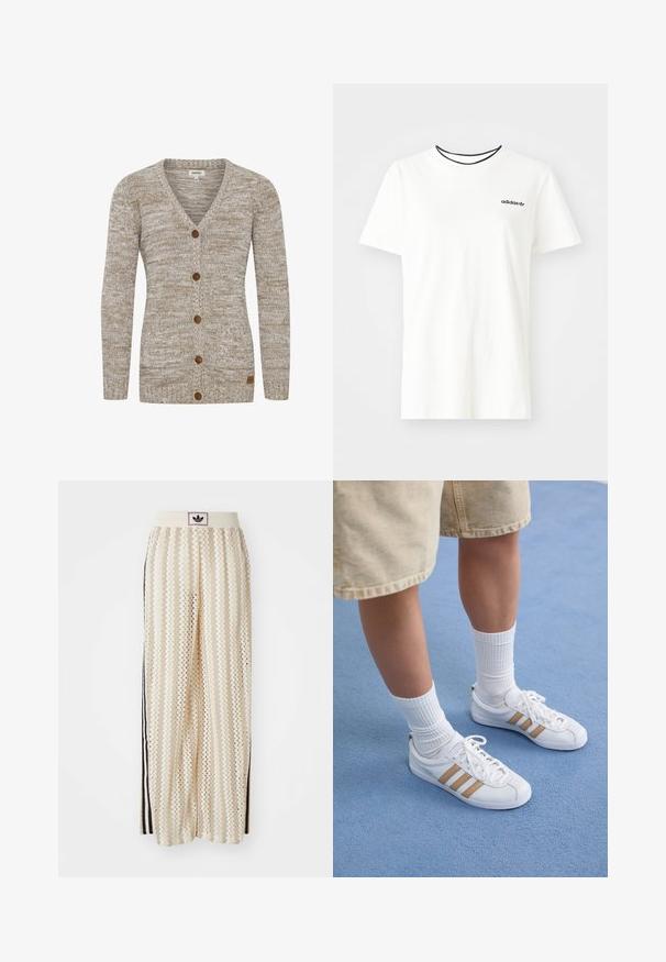 Bežinė mezginė kardiganas su V formos iškirpte, septyniais rudos spalvos mygtukais ir ripsuota apykakle. Yra tekstūruotas raštas ir mažas prekės ženklas šone.; Balta medvilnė marškinėliai su trumpomis rankovėmis ir apvalia iškirpte. Ant krūtinės yra juodas Adidas logotipas, o vidinė apykaklė yra kontrastinga juoda.; Grietos spalvos plačios kelnės su zigzagų raštu, turinčios juodą logotipo juostą ir šonines juodas juosteles. Lengvas, tekstūruotas audinys.; Baltos sportbačiai su trimis auksinėmis juostelėmis, su raišteliais, guminiai padai, dėvimi su griovelių baltomis kojinėmis ir bežė šortais ant mėlynos paviršiaus.