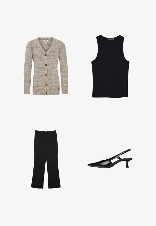 Cardigan beige in maglia con scollo a V, sette bottoni marroni e polsini a costine. Presenta un motivo testurizzato e un piccolo etichetta del marchio sul lato.; Canotta nera in cotone, caratterizzata da un colletto rotondo e ampi giromanica. Texture liscia con orli cuciti. Design classico e minimalista.; Pantaloni neri a gamba dritta, con tasche frontali e spacchi laterali all'orlo. Realizzati in tessuto morbido e liscio. Adatti a diverse occasioni.; Tacchi slingback in pelle verniciata nera con punta affusolata, design con tagli laterali e tacco quadrato piccolo. Texture liscia con dettagli minimi.