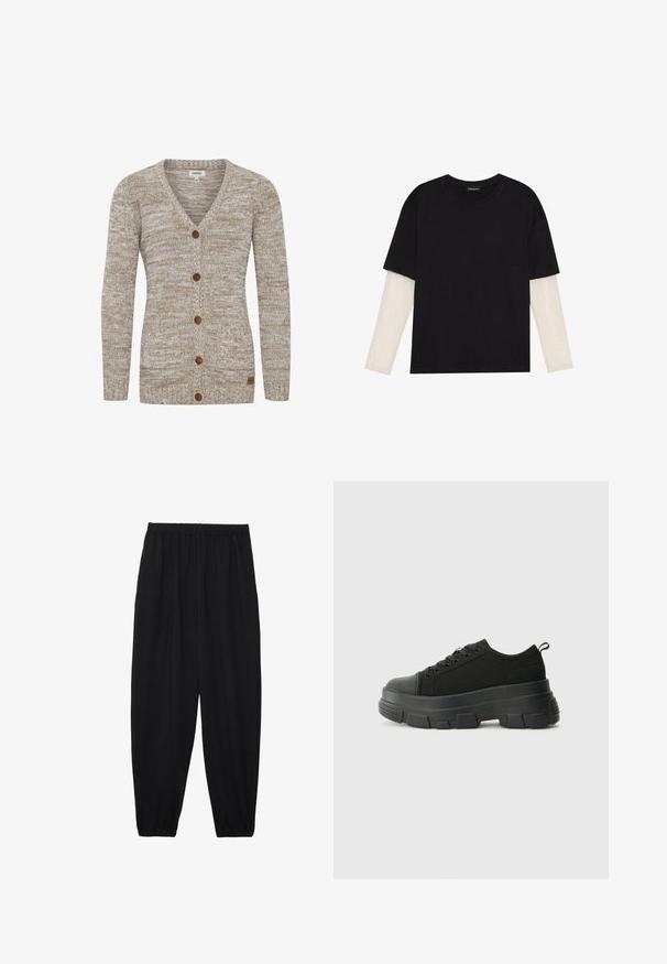 Beige kötött kardigán V-nyakú, hét barna gombbal és ribbelt mandzsettával. Texturált mintázattal rendelkezik, és egy kis márkajelzés található az oldalán.; Fekete pamut póló, rövid ujjal, fehér hosszú ujjú réteg fölött, finom textúrával. Kerek nyakkivágású dizájn.; Fekete, könnyű nadrág elasztikus derékkal és ráncolt bokákkal. Az anyag sima és laza, szűkített dizájnnal rendelkezik.; Fekete sportcipők vastag gumitalppal, texturált szövet felsőrésszel, kerek orral és fűzős kialakítással. Megerősített fűzőlyukakkal és hátsó húzófüllel rendelkezik.