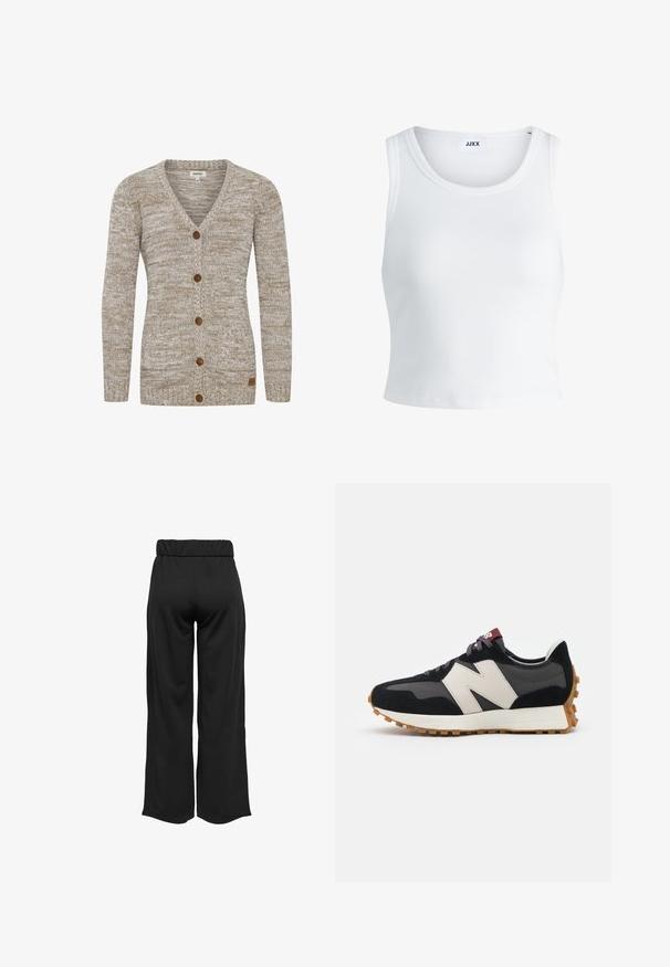 Beige strikkejakke med V-hals, syv brune knapper, og ribbestrikkede mansjetter. Har et strukturert mønster og en liten merkeetikett på siden.; Hvit ribbestrikket tank topp med rund hals, uten ermer og croppe lengde. Merket leser "JJXX." Glatt stoff tekstur.; Svarte, vide bukser med elastisk midje, laget av glatt stoff. Har et rent design uten lommer eller synlige sømmer.; Sorte og grå sued sneakers med et stort cremefarvet "N" logo, lilla snørebånd og en tekstureret gummisål.