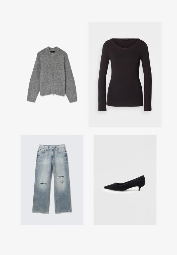 Grå stickad kofta med rund krage, full dragkedja och ribbade ärmar. Tillverkad av ett mjukt material med en texturerad yta.; Svart långärmad topp i glat tyg med rund halsringning och figurnära silhuett; har inga mönster eller accenter.; Ljust blå denim byxor med breda ben, slitna detaljer, fransande kanter och en urtvättad finish. Har framfickor och en klassisk midjeband.; Svart spetsig pumps i mjuk tyg med en texturerad yta och en kort, smal klack. Enkelt design, inga utsmyckningar.