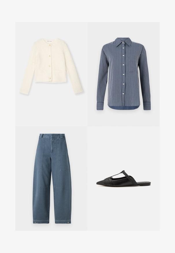 White fluffy cardigan with long sleeves, gold buttons, and two front pockets. Soft texture and cropped design.; Button-up shirt in navy and white stripes, long sleeves, single chest pocket, and a classic collar, crafted from lightweight fabric.; Denim wide-leg pants in a light blue shade, featuring a textured surface, two front pockets, and durable stitching at the hem.; Black leather slingback shoe with a pointed toe, featuring a woven accent and pleated upper design. Flat sole with minimal hardware.