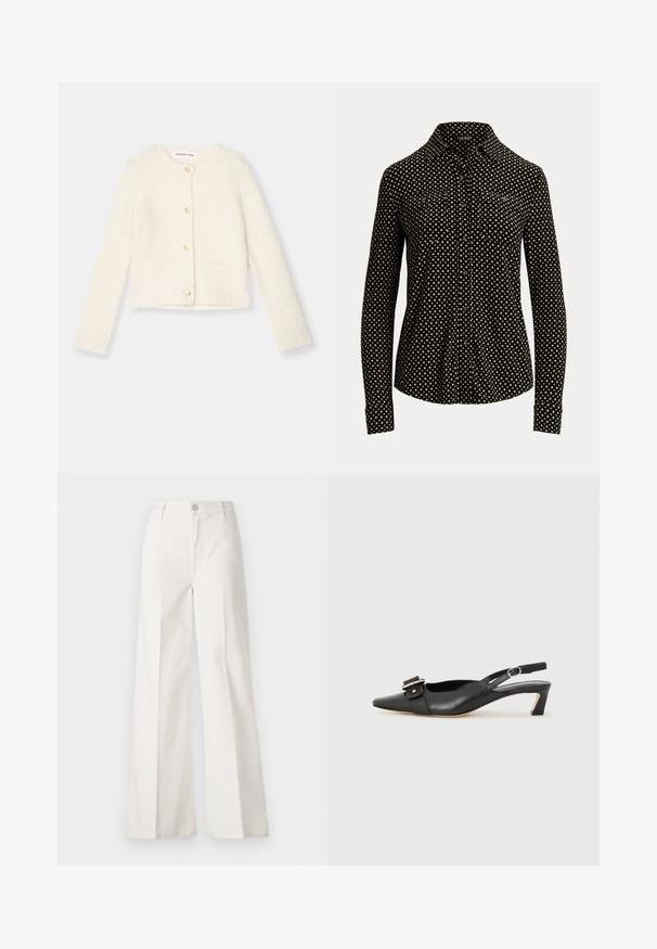 Witte, fluffy cardigan met lange mouwen, gouden knopen en twee voorzakken. Zachte textuur en cropped ontwerp.; Zwarte button-up shirt met een wit vierkant patroon, lange mouwen, kraag en twee voorzakken, gemaakt van een zachte stof.; Witte wijde-broek gemaakt van katoen met een gladde textuur. Voorzien van een knoop aan de voorkant, ritsopening en vierzakkenontwerp.; Zwarte leren slingback schoen met scherpe neus, kleine hak en decoratieve gespdetails op de bovenkant. Stijlvolle textuur, minimalistisch ontwerp.