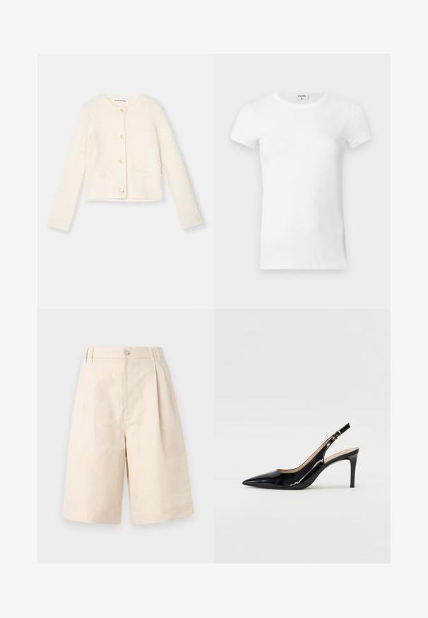 Balta puri kardiganas su ilgomis rankovėmis, auksiniais mygtukais ir dviem priekinėmis kišenėmis. Minkšta tekstūra ir trumpas dizainas.; Balta, raibota trumpa rankovėmis marškinėliai su apvaliu kaklu. Audinys atrodo lygus ir prigludęs. Prekės ženklo etikete matoma prie apykaklės.; Šviesiai rudų lino šortai su laisvu kirpimu, su mygtukų uždarymu, klostuotais raštais ir kelio ilgio kirpimu. Lygus audinys ir paprastas stilius.; Juodas lakinės odos slingback batelis su smailiu nosiu, plonu kulnu ir subtiliu išpjovos dizainu. Yra auksinė sagtis ant dirželio.