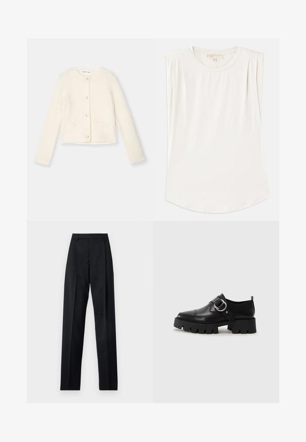 Weißer, flauschiger Cardigan mit langen Ärmeln, goldenen Knöpfen und zwei Fronttaschen. Weicher Stoff und kurz geschnittenes Design.; Weißes ärmelloses Oberteil aus glattem Stoff, mit rundem Ausschnitt und dezenten Falten an den Schultern, mit geschwungenem Saum.; Schwarze Hosen aus glattem Stoff mit hoher Taille, weitem Bein, vorderen Falten und klassischen Gürtelschlaufen. Keine sichtbaren Seitentaschen.; Schwarze Leder Schuhe mit einer dicken, gerippten Sohle, die mit einer runden silbernen Hardware-Akzent und minimalen Stickdetails ausgestattet sind.