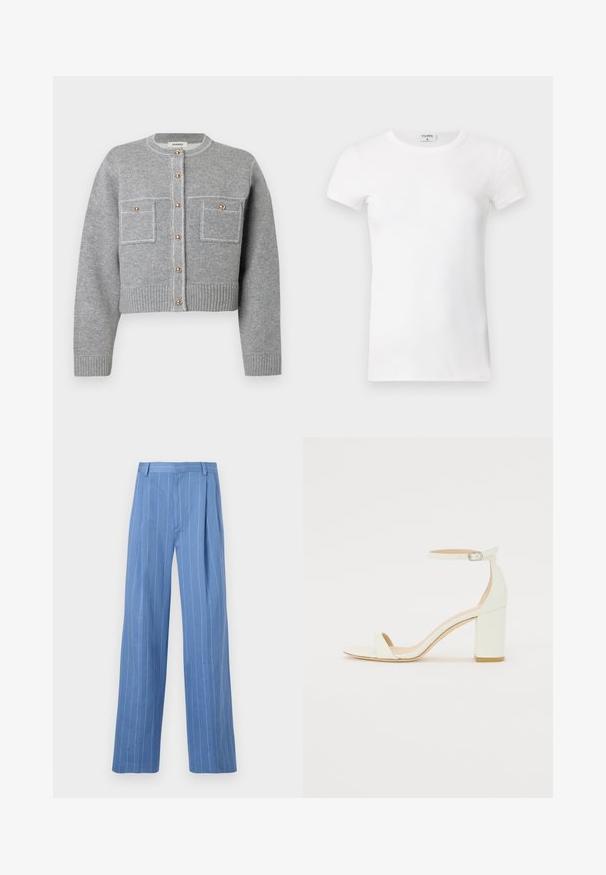 Šedý zkrácený kardigan vyrobený z měkkého pleteného materiálu; obsahuje zlaté knoflíky a dvě náprsní kapsy s kontrastním prošíváním.; Bílý žebrovaný tričko s krátkým rukávem a kulatým výstřihem. Tkanina vypadá hladce a má těsný siluetu. Značkový štítek je viditelný na límci.; Světle modré široké kalhoty s vertikálními bílými pruhy. Vyrobené z hladkého materiálu, s předním záhybem a čistým designem pasu.; Bílé kožené sandály na blokovém podpatku s ankle strapem a přezkou, minimalistický design. Otevřená špička a hladké textura po celém povrchu.