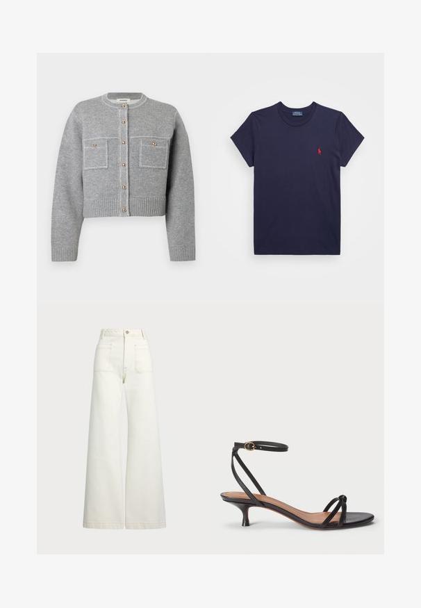 Grauer, taillierter Cardigan aus weichem Strickmaterial; ausgestattet mit goldfarbenen Knöpfen und zwei Brusttaschen mit kontrastierendem Nähen.; Marineblaue Baumwoll-T-Shirt mit kurzen Ärmeln und Rundhalsausschnitt. Mit einem kleinen roten gestickten Logo auf der linken Brust.; Weite Jeans aus off-white Denim. Hoch tailliertes Design mit Knopfverschluss, zwei Fronttaschen und kontrastierenden Stickdetails.; Polo Ralph Lauren LEATHER KITTEN-HEEL SANDAL - Pumps - black