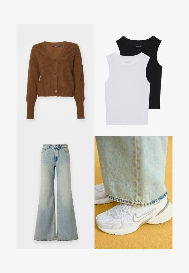 Vero Moda VMLEA V NECK CUFF CARDIGAN - Strickjacke - pinecone; Zwei ärmellose Oberteile in Schwarz und Weiß, aus geripptem Baumwollstoff, mit runden Ausschnitten und einem taillierten Design. Etiketten auf beiden sichtbar.; Helle blaue weit geschnittene Jeans mit hoher Taille, die einen verblassten Look, Gesäßtaschen und einen subtilen Schlitz am unteren Ende der Beine aufweisen.; Weiße sportliche Sneaker mit Obermaterial aus Mesh, grünen Akzenten, strukturierten Sohlen, kombiniert mit hellblauen Jeans, die einen fransigen Saum haben.