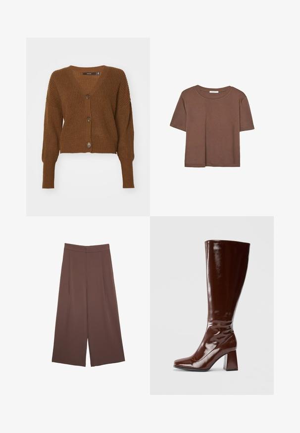 Vero Moda VMLEA V NECK CUFF CARDIGAN - Cardigan - pinecone; Maglietta a maniche corte marrone realizzata in tessuto morbido, con scollatura rotonda e vestibilità rilassata. Nessun motivo o dettaglio visibile.; Pantaloni ampi marroni con una texture liscia, caratterizzati da una vita alta e pieghe frontali. Il tessuto è leggero e scorre liberamente.; Stivali marroni in pelle verniciata alti fino al ginocchio, con punta quadrata, finitura lucida e taccochunky per stabilità. Design senza soluzione di continuità senza hardware visibile.
