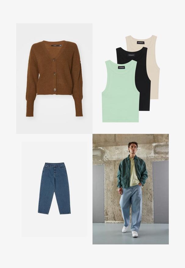 Vero Moda VMLEA V NECK CUFF CARDIGAN - Kardigán - pinecone; Tričko bez rukávov v mätovej zelenej, čiernej a béžovej farbe; vyrobené z rebrovanej tkaniny s okrúhlym výstrihom. Viditeľná značka značky.; Modré džínsy s uvoľneným strihom, vysokým pásom, dizajnom s piatimi vreckami a kontrastným prešívaním. Obsahujú zapínanie na gombík a zips.; Zelená bomberová bunda cez svetlo žltý polo tričko, v kombinácii s voľnými modrými džínsami a bielymi teniskami. Hladké látky, uvoľnený strih, minimálny hardware.