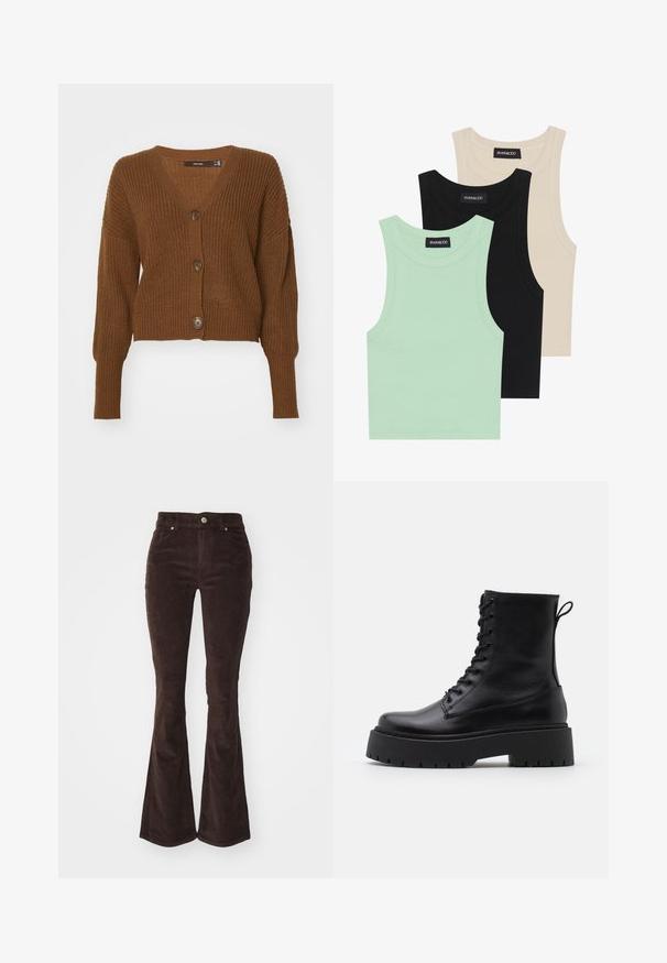 Vero Moda VMLEA brązowy; Trzy topy na ramiączkach w kolorze miętowym, czarnym i beżowym; wykonane z prążkowanej tkaniny, z okrągłym dekoltem i bez rękawów. Widać metkę marki.; Vero Moda VMFLASH ciemnobrązowy; Czarne skórzane botki za kostkę z okrągłym noskiem, sznurówką z przodu i grubą gumową podeszwą z teksturowanym bieżnikiem. Pętelka do zakładania z tyłu.