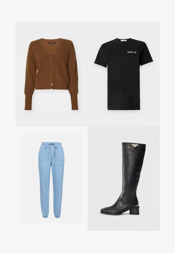 Vero Moda VMLEA V NECK CARDIGAN - Jopica - pinecone; Črna bombažna majica s kratkimi rokavi, ki ima bel logo "REPLAY" na levem prsnem delu. Klasičen kroj s krožnim izrezom.; Svetlo modri jogger hlače iz mehke tkanine, z elastičnim pasom in vrvico, dvema sprednjima žepoma ter elastičnimi robovi na gležnjih.; Črne škornje do kolen, izdelane iz gladke usnje, z kvadratnim nosom in srednjim blokastim peto z metalnim poudarkom na peti.