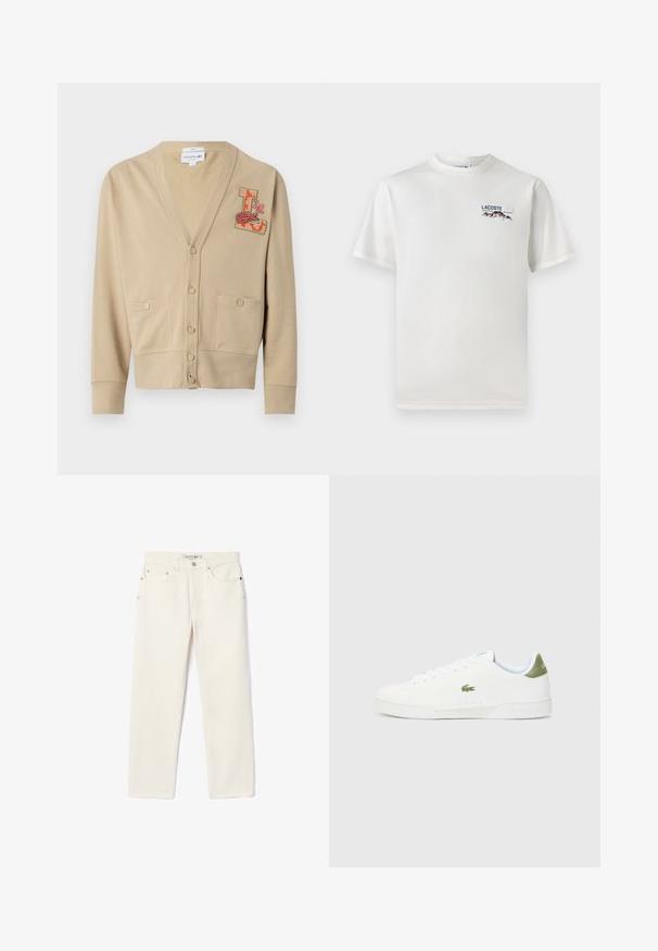 Beige cardigan laget av mykt stoff med V-hals, fem knapper, to frontlommer og en fargerik brodert lapp med et 'L' og et krokodille-design.; Hvit bomull T-skjorte med rund hals, korte ermer, og en liten brodert logo med fjell og tekst på venstre bryst.; Kremfargede denimjeans med rett benkutt, med to frontlommer, knappelukking og subtil merking nær midjen.; Hvite joggesko med en glatt tekstur, med en grønn detalj på hælen og en liten brodert krokodillelogo på siden.