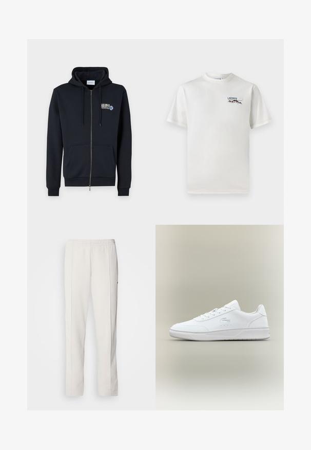 Casaco de capuz azul marinho com fecho, feito de uma mistura de algodão, com um bolso frontal, capuz com cordão, logótipo no peito e punhos com nervuras.; T-shirt de algodão branco com decote redondo, mangas curtas e um pequeno logótipo bordado apresentando montanhas e texto no lado esquerdo do peito.; Lacoste Calças de fato de treino - hammam; Sapatilha de couro branca com bico arredondado, design de atacadores e sola baixa. Apresenta detalhes perfurados e logótipo em relevo.