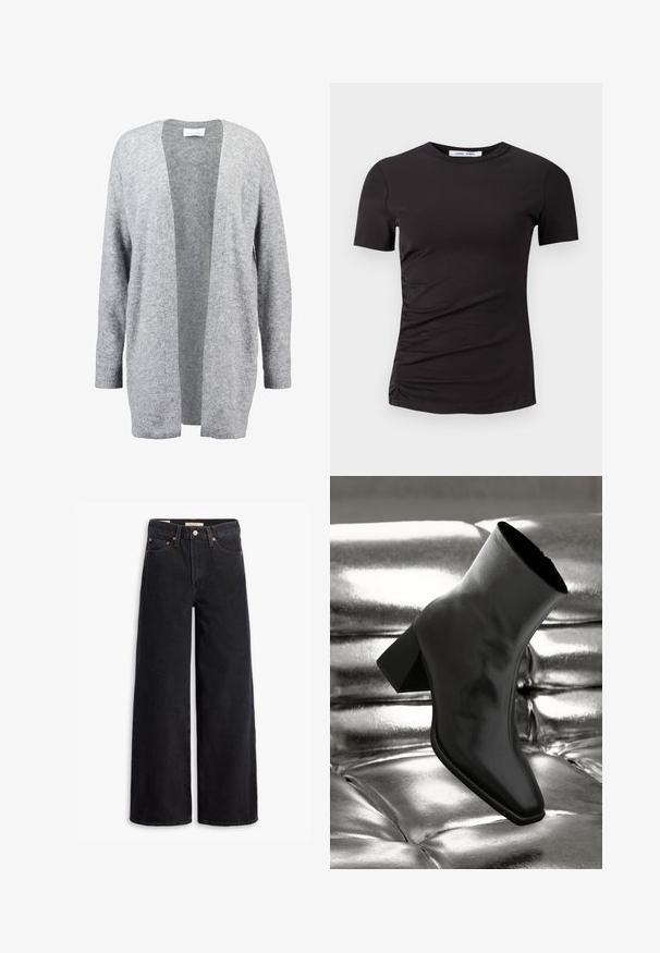 Cardigan grigio chiaro realizzato in morbido tessuto a maglia. Design aperto davanti con maniche lunghe e polsini a costine. Senza chiusure o decorazioni.; T-shirt nera a maniche corte realizzata in tessuto morbido, con collo rotondo e dettagli arricciati sul lato sinistro per una texture sottile.; Jeans neri a gamba larga in denim, dotati di cinque tasche, rivetti in rame e chiusura con bottone classico. Texture liscia con un design pulito.; Stivale alla caviglia nero realizzato in materiale lucido con punta quadrata e tacco affusolato, posizionato su uno sfondo argentato lucido con imbottiture a sfera.