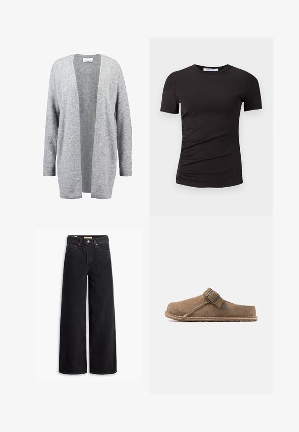Lys grå cardigan lavet af blødt strikkemateriale. Åben frontdesign med lange ærmer og ribbet manchetter. Ingen lukninger eller udsmykninger.; Sort t-shirt med korte ærmer lavet af blødt stof, med rund hals og samlede detaljer på venstre side for en subtil tekstur.; Sorte brede benjeans lavet af denim, med fem lommer, kobbernitter og en klassisk knaplukning. Glat tekstur med et rent design.; Brune ruskindssko med spænde, lukket tå-design og synlige syninger på en tekstureret sål.