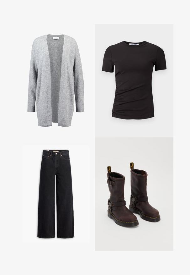 Gaiši pelēks kardigans, kas izgatavots no mīksta adījuma materiāla. Atvērta priekšpuse ar garām piedurknēm un ribotām aprocēm. Nav aizdaru vai rotājumu.; Melnas īsām piedurknēm krekls, izgatavots no mīkstas auduma, ar apaļu kakla izgriezumu un sapludināšanu kreisajā pusē, lai nodrošinātu smalku tekstūru.; Melni platā kāju džinsi, kas izgatavoti no denima, ar piecām kabatām, vara kniedēm un klasisku pogu aizdari. Gluda tekstūra ar vienkāršu dizainu.; Brūni ādas zābaki ar vidēja teļa dizainu, aprīkoti ar siksnu un sprādzi, biezu melnu zoli un dzeltenām šuvēm.