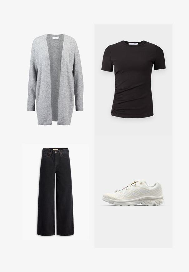 Světle šedý kardigan vyrobený z měkkého pleteného materiálu. Design s otevřeným předním dílem, dlouhými rukávy a žebrovanými manžetami. Bez zapínání nebo ozdob.; Černé tričko s krátkým rukávem vyrobené z měkké látky, s kulatým výstřihem a zdobením na levé straně pro jemnou texturu.; Černé široké džíny vyrobené z denimu, s pěti kapsami, měděnými nýtky a klasickým zapínáním na knoflík. Hladký povrch s čistým designem.; Bílé běžecké boty s prodyšným síťovým svrškem, texturovanými detaily a polstrovanou podrážkou. Obsahují rychlou šněrovací systém pro snadné obutí.